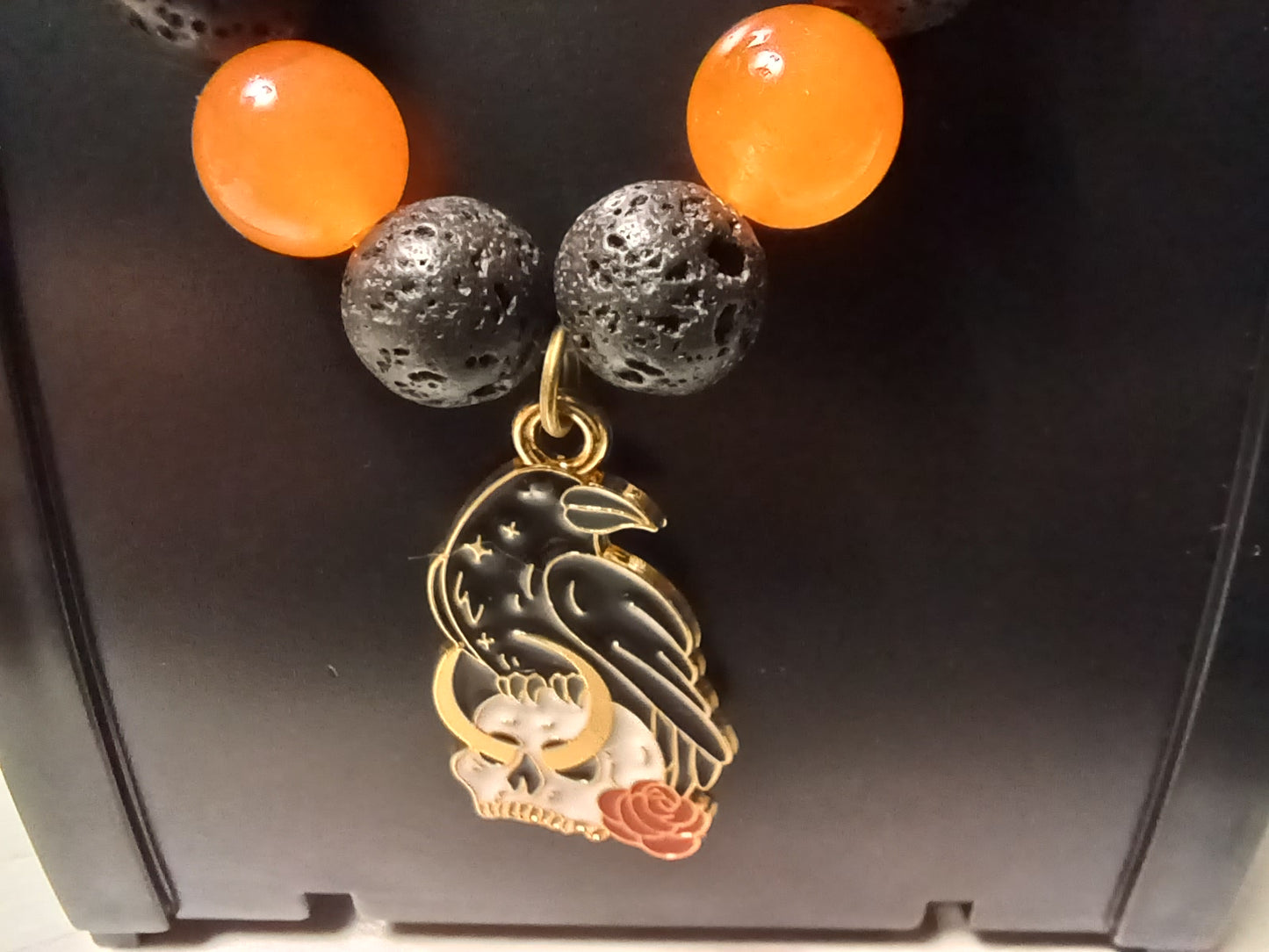 Black Lava/Orange Chalcedony/Crow & Skull Charm