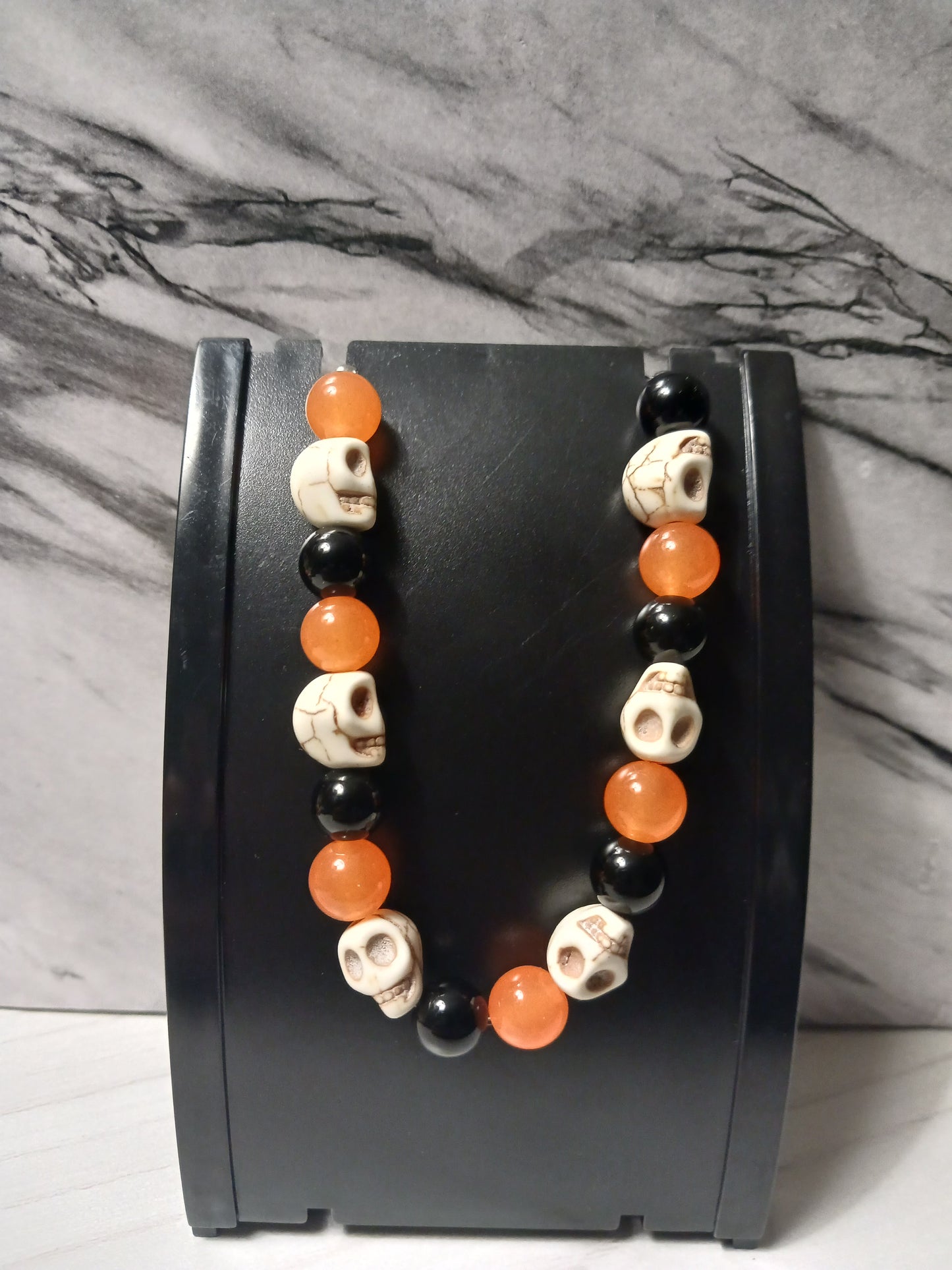 Black Agate/Orange Chalcedony/White Skull Bracelet