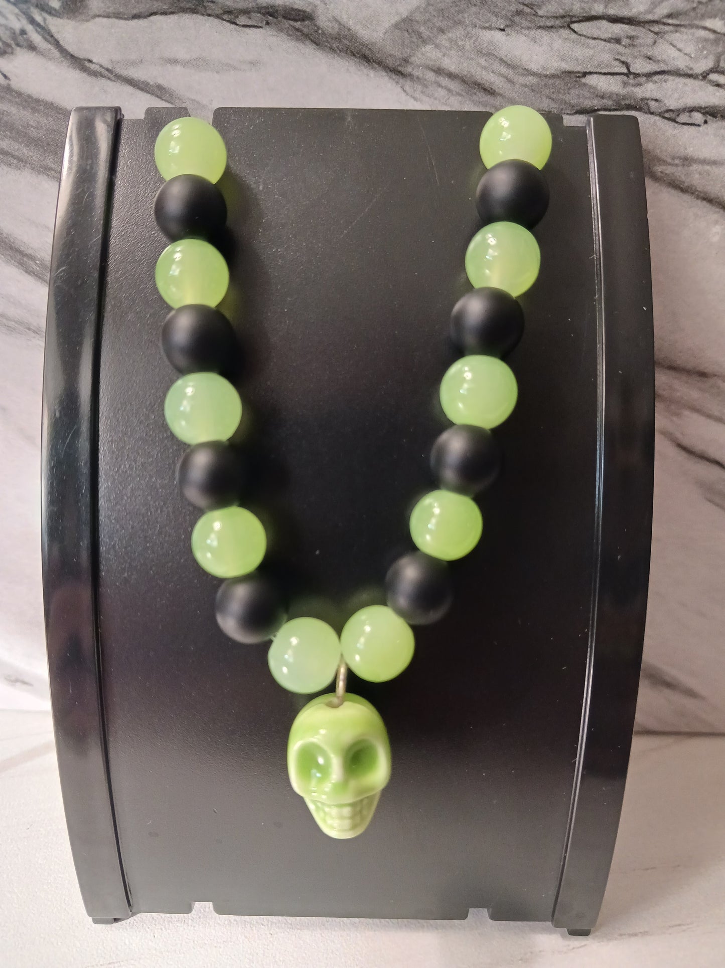 Black Onyx/Lime Green/Skull Charm Bracelet