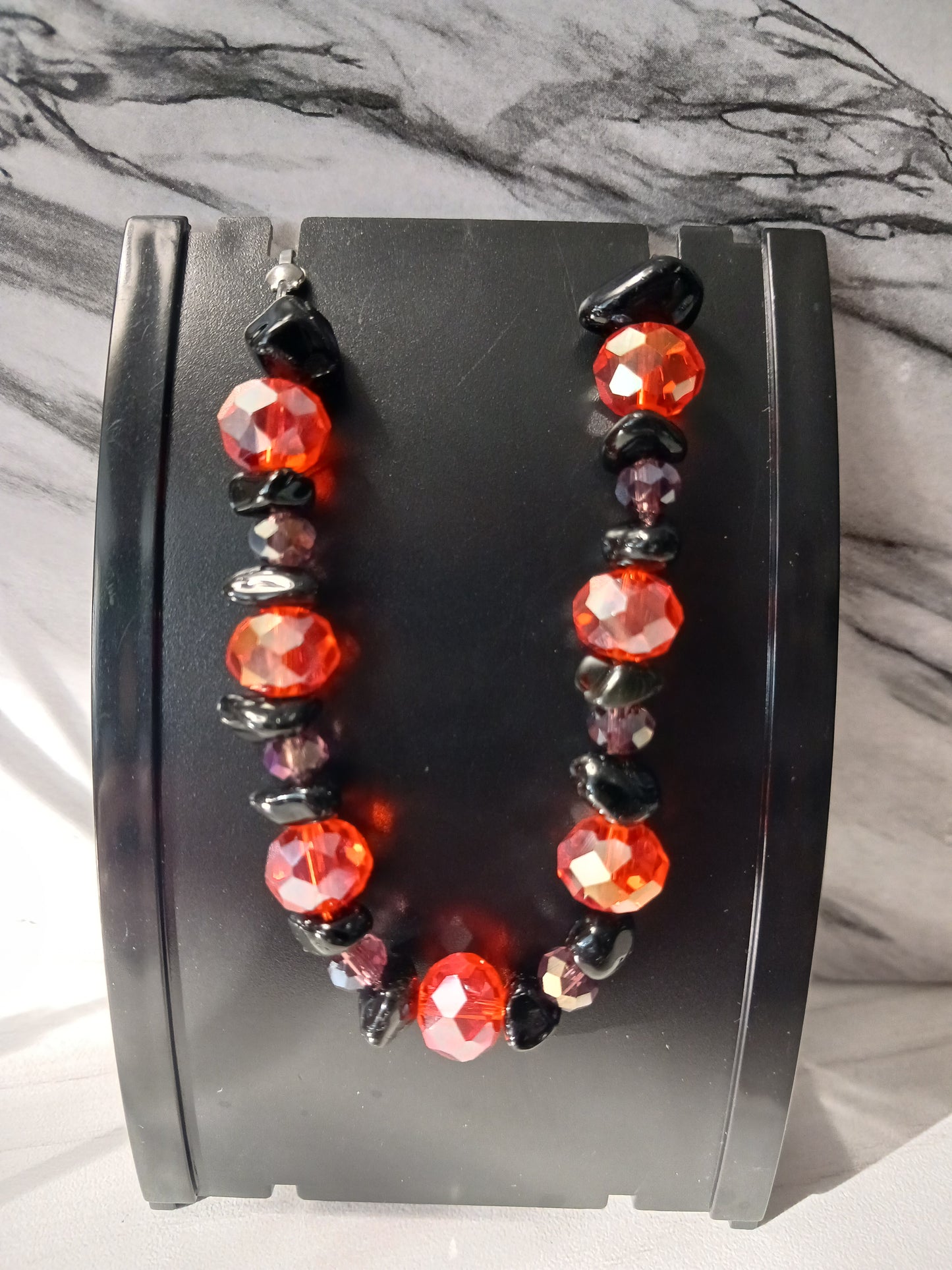 Glass Orange & Purple Facated/Black Onyx Stone Bead Bracelet