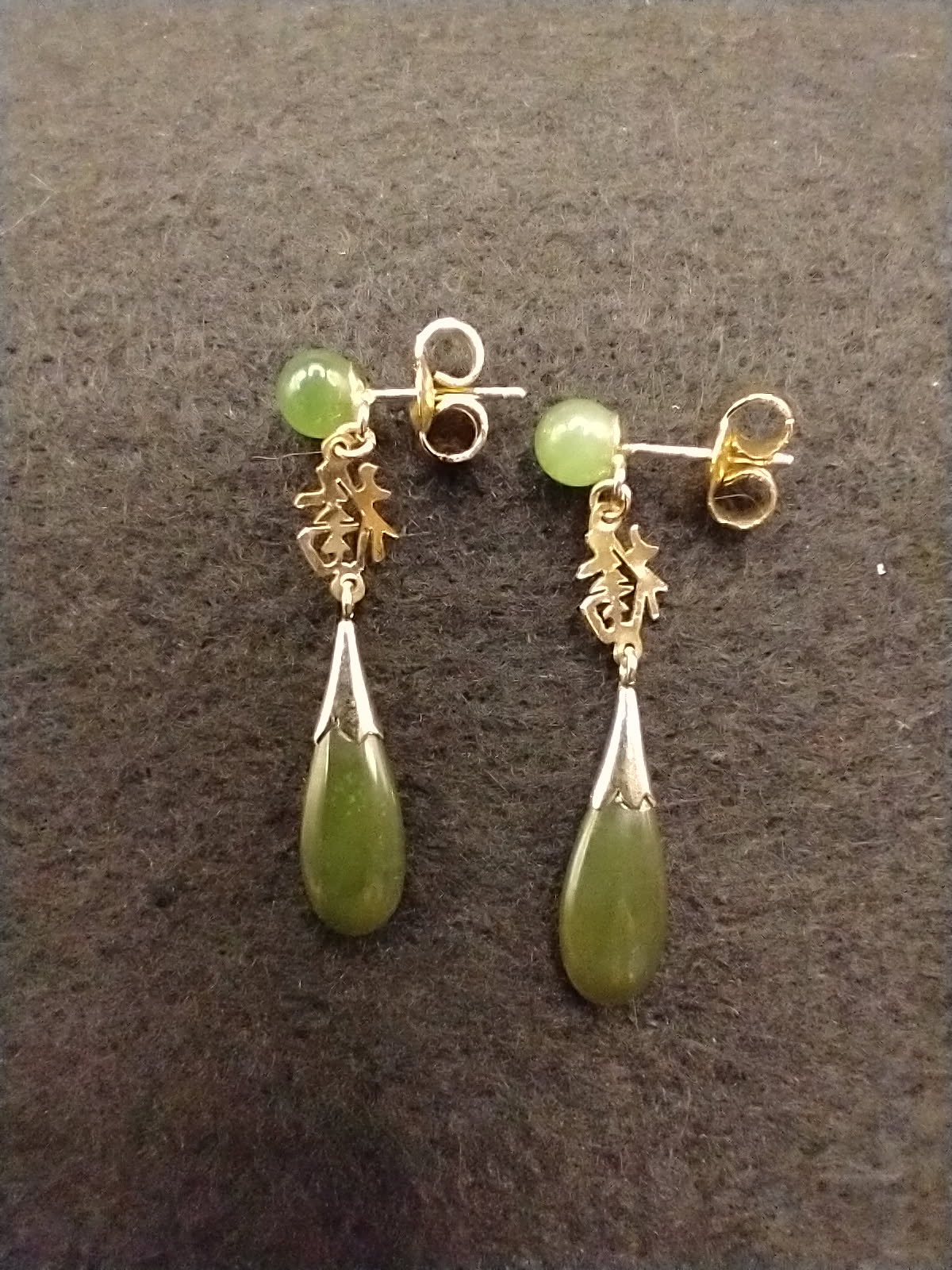 Nephrite Jade .925 Gilt Silver Japanese Earrings