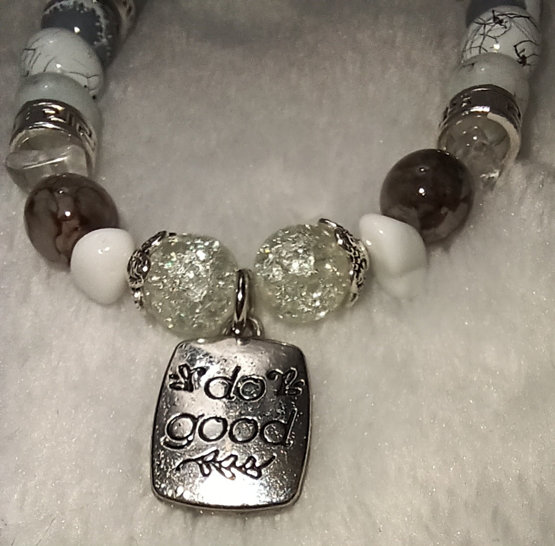 White/Grey Beaded Bracelet with Charm