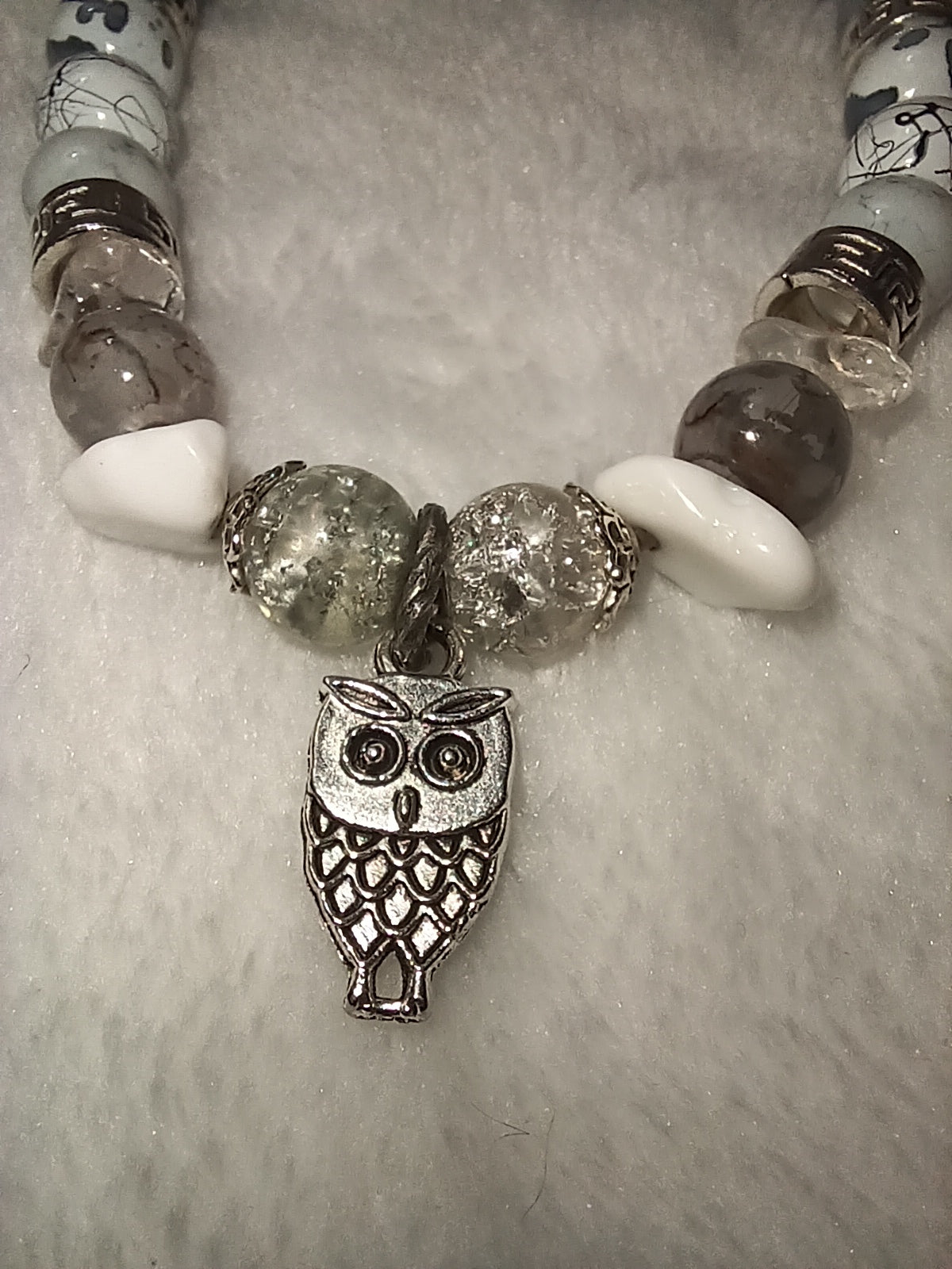 White/Grey Beaded Bracelet with Charm