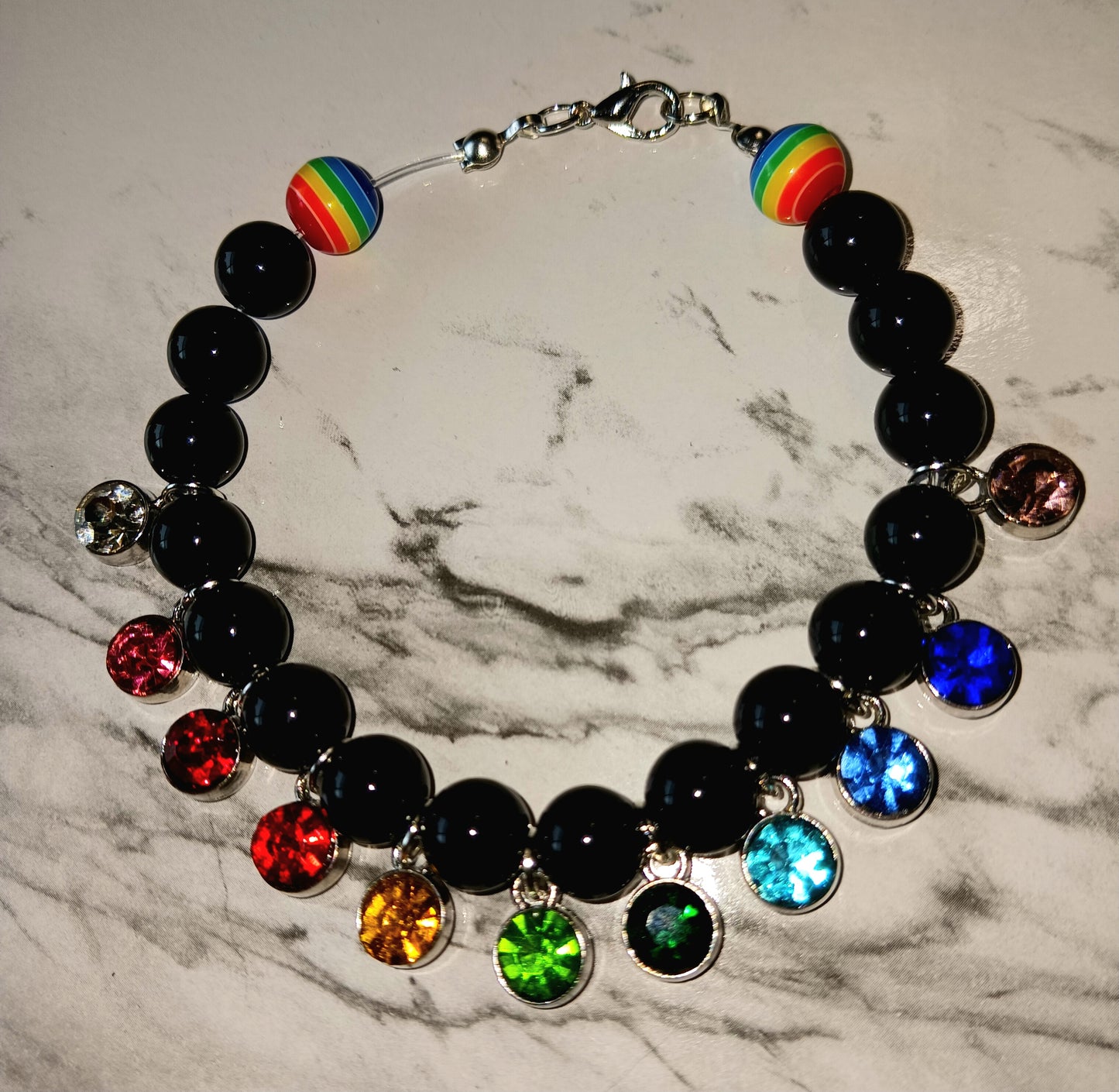 Black Agate and Rainbow Rhinestone Bracelet