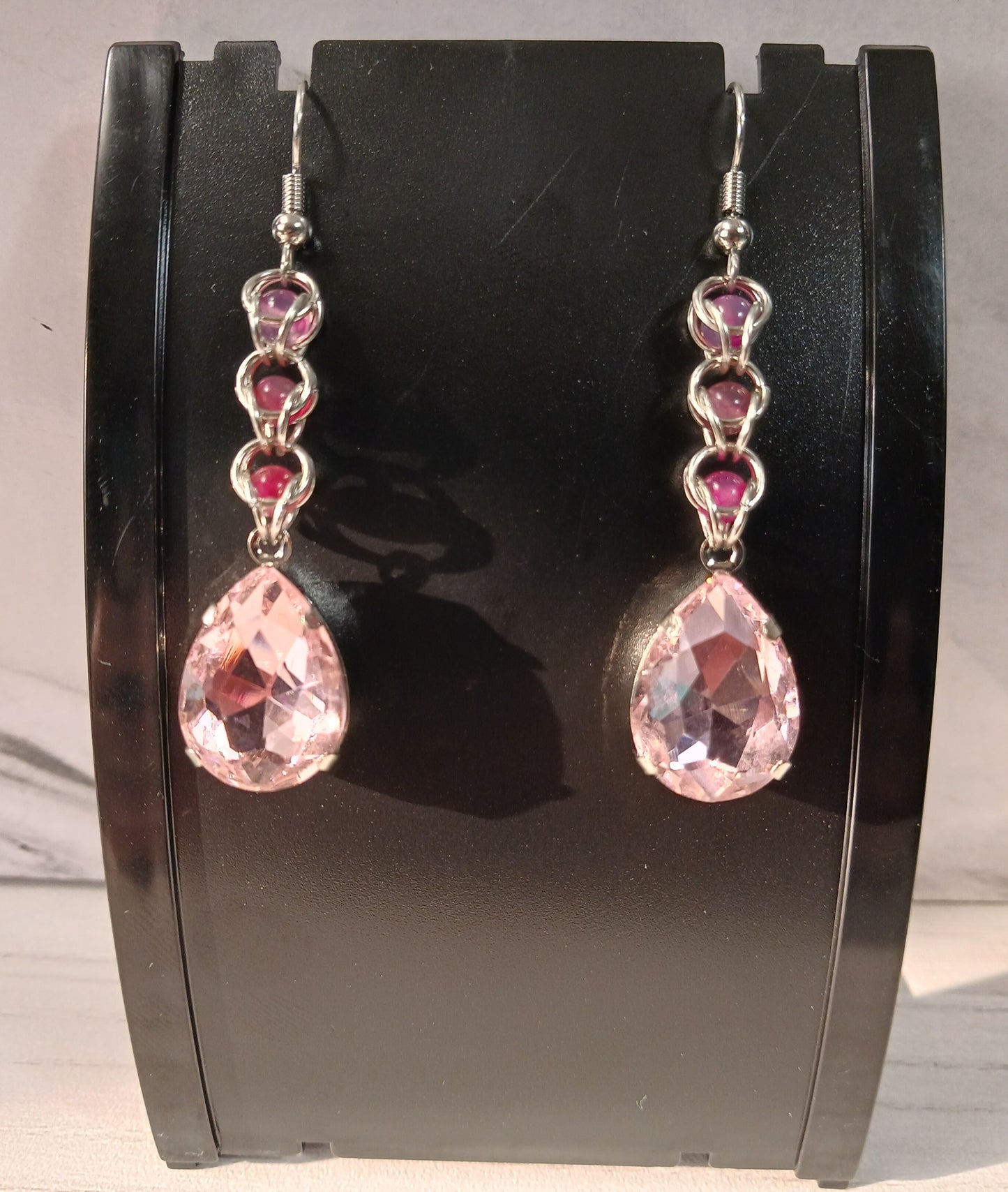 Pink Teardrop Crystal Captured Bead Earrings