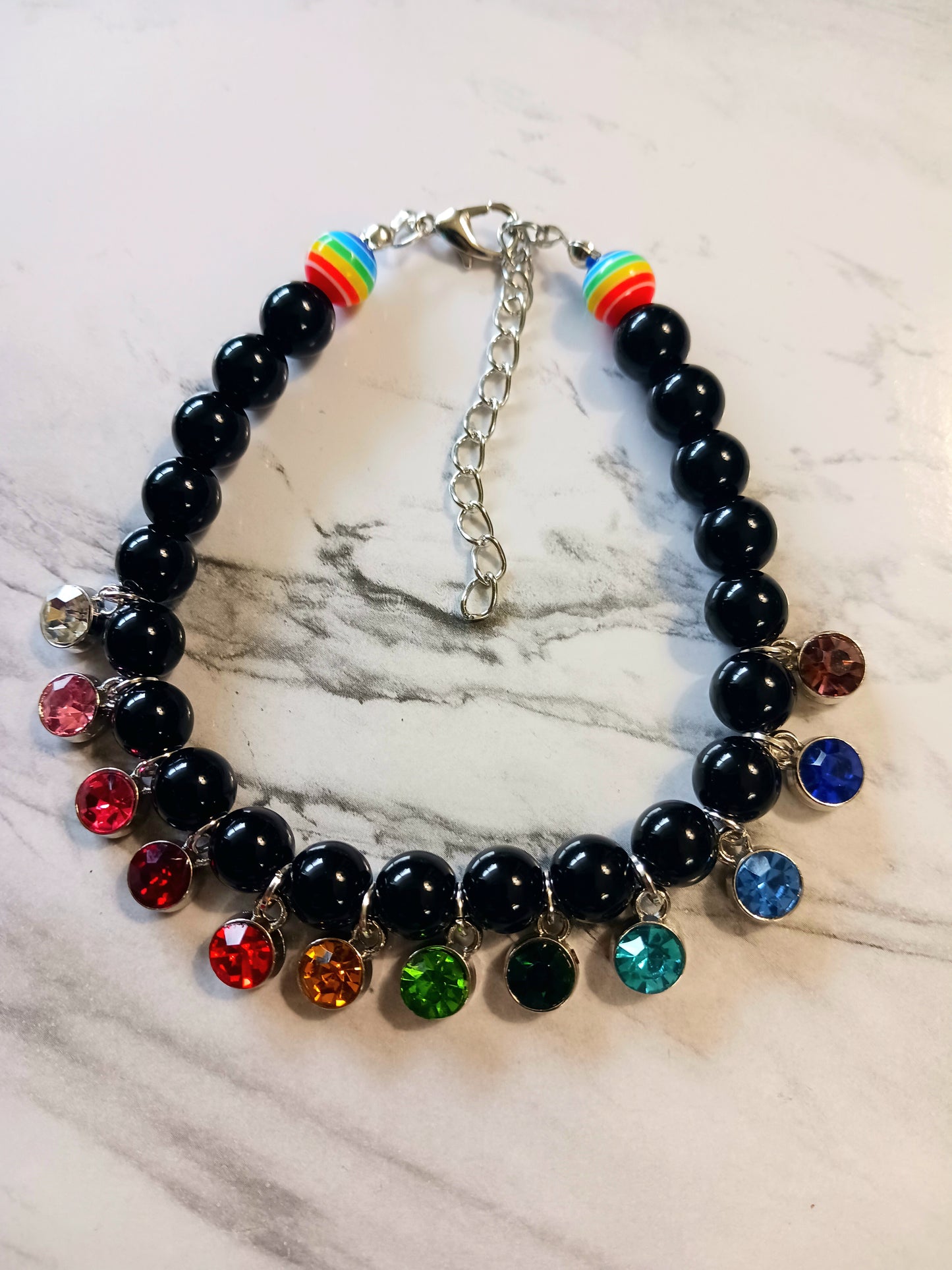 Black Agate and Rainbow Rhinestone Bracelet