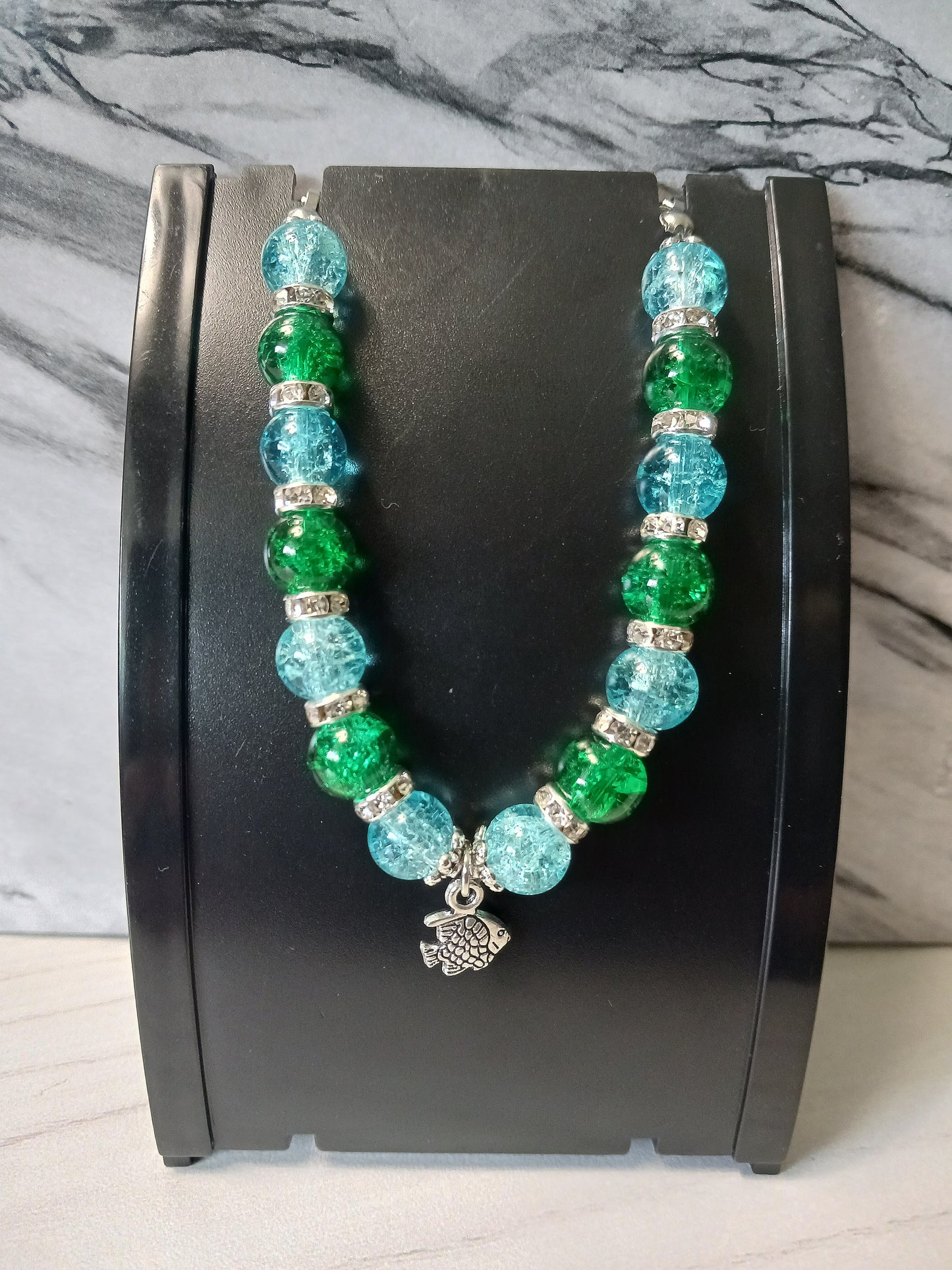 Blue/Green Fish Charm Rhinestone Bracelet