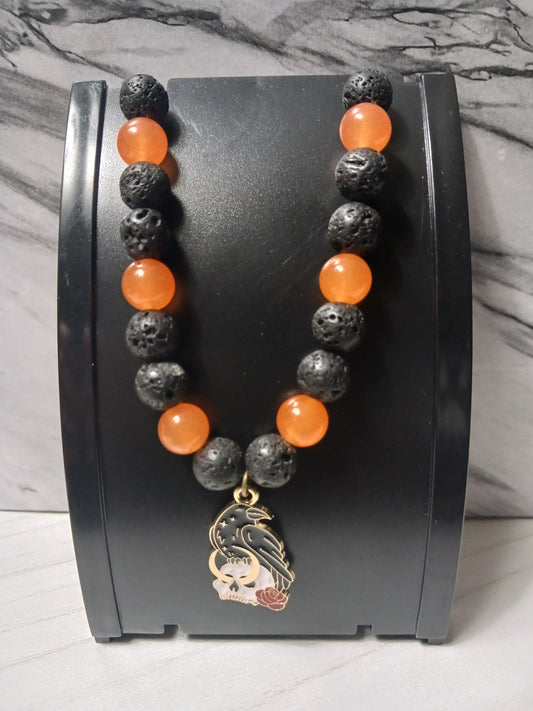 Black Lava/Orange Chalcedony/Crow & Skull Charm