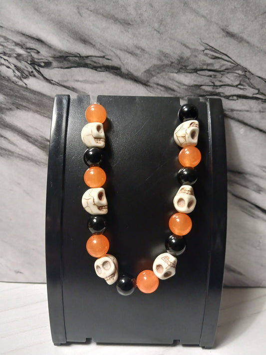 Black Agate/Orange Chalcedony/White Skull Bracelet